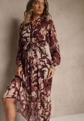 Bordowa Sukienka o Rozkloszowanym Kroju z Wiązanym Paskiem i Metaliczną Nicią Nalimirae. Czerwone sukienki Renee, na co dzień, l, bez wzorów, z elastanu, bez kołnierzyka, bez ramiączek, maxi, rozkloszowane. Za 139.99 zł.