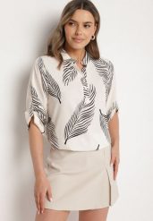 Jasnobeżowa Koszula z Bawełną we Wzór Liści Lumavaie. Brązowe koszule Born2be, l, bez wzorów, z bawełny, eleganckie, bez kołnierzyka, bez ramiączek. W wyprzedaży za 50.99 zł.