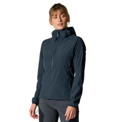 Kurtka softshellowa damska Rab Borealis Hoody z kapturem. Czarne kurtki przejściowe sportowe RAB, bez wzorów, z softshellu, z kapturem, trekkingowe. Za 539.99 zł.