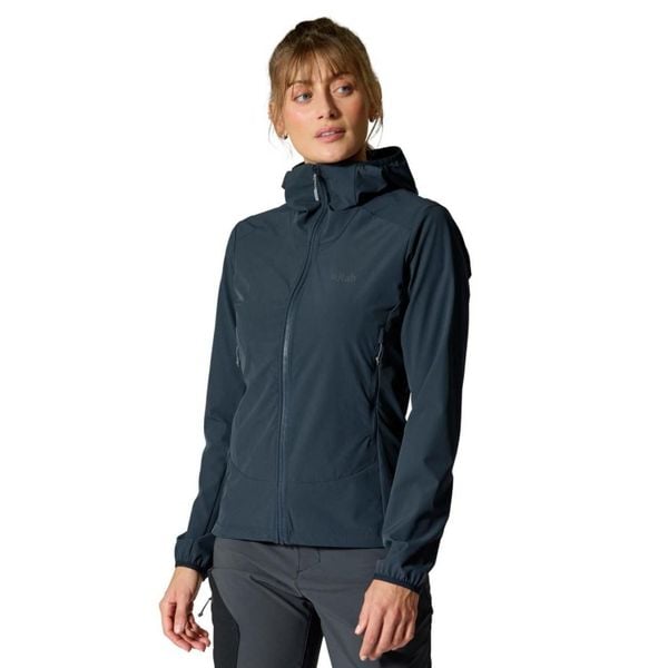 Kurtka softshellowa damska Rab Borealis Hoody z kapturem. Czarne kurtki przejściowe sportowe RAB, bez wzorów, z softshellu, z kapturem, trekkingowe. Za 485.99 zł.