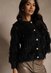 Czarny Kardigan z Dzianiny z Wełną Imitującą Pióra z Perłowymi Guzikami Meviatta. Czarne swetry Renee, bez wzorów, z dzianiny, glamour, bez ramiączek. Za 79.99 zł.