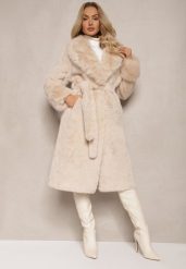 Beżowy Futrzany Płaszcz z Wiązanym Paskiem Ozdobnym Kołnierzem i Mankietami Viaressa. Brązowe płaszcze Renee, l, bez wzorów, z futra, eleganckie, bez kaptura. Za 349.99 zł.