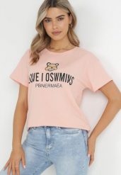 Różowy T-shirt z Nadrukiem Mopon. Czerwone t-shirty Born2be, m, bez wzorów, z jeansu, bez kołnierzyka, bez ramiączek. W wyprzedaży za 55.99 zł.