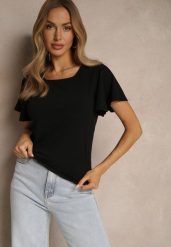 Czarna Bluzka z Rozkloszowanymi Rękawami Sunelva. Czarne bluzki Renee, m, bez wzorów, z jeansu, eleganckie, bez kołnierzyka, bez ramiączek. W wyprzedaży za 31.99 zł.