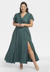 Sukienka kobieca długa z rozporkiem kopertowy dekolt AKSENA butelkowa zieleń. Zielone sukienki KARKO, na studniówkę, l, bez wzorów, z elastanu, bez kołnierzyka, plus size, bez ramiączek, maxi, kopertowe. Za 289.50 zł.