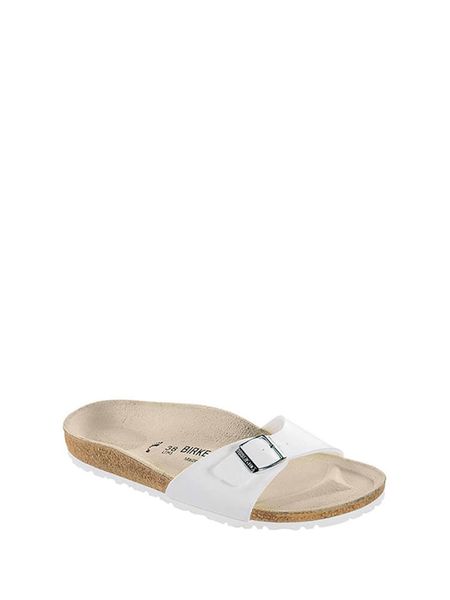 Birkenstock Klapki w kolorze białym rozmiar: 39. Białe klapki Birkenstock, bez wzorów, klasyczne, z otwartym noskiem, bez obcasa, bez zapięcia. Za 262.91 zł.