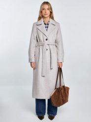 Płaszcz damski z wełną z paskiem beżowy Ksenia 801. Brązowe płaszcze BIG STAR, l, bez wzorów, z tkaniny, klasyczne, bez kaptura. Za 529.99 zł.
