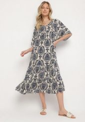 Niebieska Sukienka z Bawełną w Abstrakcyjny Wzór Filindela. Niebieskie sukienki Born2be, na co dzień, l, z aplikacjami, z bawełny, eleganckie, bez kołnierzyka, bez ramiączek, midi. Za 59.99 zł.