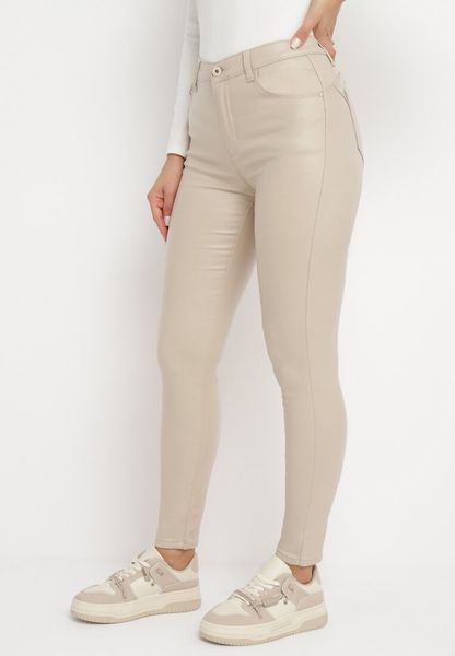 Beżowe Spodnie Skinny z Ekoskóry o Fasonie Push Up Nanseni. Brązowe jeansy Born2be, l, bez wzorów, z jeansu. Za 79.99 zł.