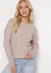 Beżowy Sweter Ozdobiony Klasycznym Splotem Lacemisa. Brązowe swetry Born2be, bez wzorów, z dzianiny, klasyczne, bez ramiączek. W wyprzedaży za 76.49 zł.