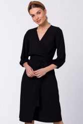 Sukienka elegancka kopertowa z bufiastymi rękawami czarna. Czarne sukienki Sukienki.shop, do pracy, m, bez wzorów, biznesowe, bez kołnierzyka, bez ramiączek, kopertowe. Za 349.00 zł.