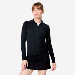 Bluza damska Domyos Gym & Pilates rozpinana. Czarne bluzy bez kaptura Decathlon, l, bez wzorów, z elastanu, bez kaptura, na fitness i siłownię. Za 149.99 zł.