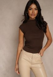 Brązowy Top z Bawełny i Wiskozy ze Stójką i Marszczeniem w Talii Zetelie. Brązowe topy Renee, m, bez wzorów, z bawełny, eleganckie, bez kołnierzyka, bez ramiączek. Za 59.99 zł.