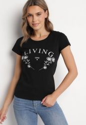 Czarny Bawełniany T-shirt z Napisem Living i Nadrukiem Commea. Czarne t-shirty Born2be, l, bez wzorów, z bawełny, eleganckie, bez kołnierzyka, bez ramiączek. Za 49.99 zł.