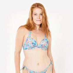 Góra kostiumu kąpielowego surfingowego damska Olaian Elena Prairie. Niebieskie bikini OLAIAN, bez wzorów, z elastanu, sportowe. Za 79.99 zł.
