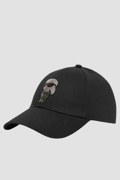 KARL LAGERFELD Czapka z daszkiem damska z cyrkonami Ikon. Czarne czapki z daszkiem KARL LAGERFELD, bez wzorów, eleganckie. W wyprzedaży za 219.99 zł.