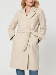 Płaszcz z paskiem - kremowy. Białe płaszcze Sinsay, l, bez wzorów, eleganckie, bez kaptura. Za 129.99 zł.