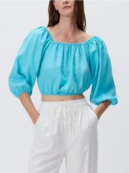 Lniana bluzka - turkusowy. Niebieskie bluzki Reserved, l, bez wzorów, z tkaniny, bez kołnierzyka, bez ramiączek. Za 139.99 zł.