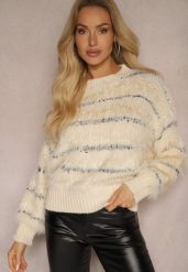 Beżowy Sweter z Wiskozą o Fakturze Imitacji Piór w Paski Nerisara. Brązowe swetry Renee, l, bez wzorów, z wiskozy, biznesowe, bez ramiączek. W wyprzedaży za 79.99 zł.