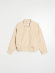 Jeansowa kurtka bomberka z kołnierzykiem - beżowy. Brązowe kurtki Sinsay, l, bez wzorów, z jeansu, bez kaptura. Za 89.99 zł.