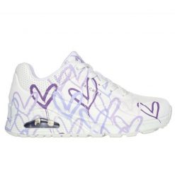 Buty Skechers Spread The Love W 155507WLPR białe. Białe buty treningowe bez wzorów, ze skóry, bez zapięcia. Za 713.87 zł.