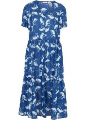 Sukienka tunikowa midi. Niebieskie sukienki bonprix, bez wzorów, bez kołnierzyka, bez ramiączek, midi. Za 124.99 zł.