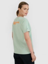 4F T-shirt oversize z nadrukiem damski - turkusowy XS. Niebieskie t-shirty 4f, uniwersalny, bez wzorów, z bawełny, klasyczne, bez kołnierzyka, bez ramiączek. W wyprzedaży za 49.99 zł.