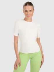 4F Koszulka treningowa slim szybkoschnąca damska - beżowa S. Brązowe t-shirty sportowe 4f, s, bez wzorów, z elastanu, bez ramiączek, na fitness i siłownię. Za 129.99 zł.