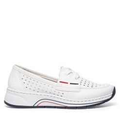 Półbuty Rieker. Białe półbuty wsuwane Rieker, bez wzorów, bez obcasa, na płaskiej podeszwie. Za 339.99 zł.