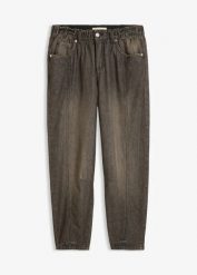 Jeansy typu barrel, mid waist, z wygodnym pasem. Szare jeansy bonprix, bez wzorów, z jeansu. Za 149.99 zł.
