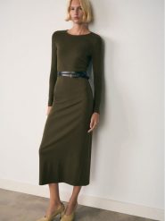 Mango Sukienka codzienna Basila 77057694 Zielony Slim Fit. Zielone sukienki Mango, na co dzień, l, bez wzorów, z bawełny, bez kołnierzyka, bez ramiączek, proste. Za 129.99 zł.