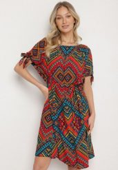Czerwona Bawełniana Sukienka w Etno Wzór z Wiązanym Paskiem w Talii Tosmera. Czerwone sukienki Born2be, na co dzień, xl, bez wzorów, z bawełny, eleganckie, bez kołnierzyka, bez ramiączek, midi. W wyprzedaży za 42.49 zł.