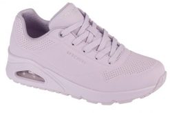 Buty sportowe Sneakersy damskie, Uno Frosty Kicks. Fioletowe buty treningowe Skechers, bez wzorów, z materiału, przed kostkę, bez zapięcia, trekkingowe. Za 309.99 zł.