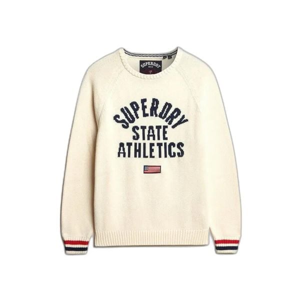 Sweter damski Superdry Slouchy Intarsia. Białe swetry Superdry, s, z aplikacjami, z puchu, eleganckie, bez ramiączek. Za 398.70 zł.
