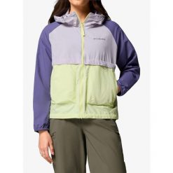 Kurtka przeciwwiatrowa damska Columbia Spire Valley Windbreaker. Fioletowe kurtki przejściowe sportowe Columbia, bez wzorów, z softshellu, bez kaptura, trekkingowe. Za 296.99 zł.