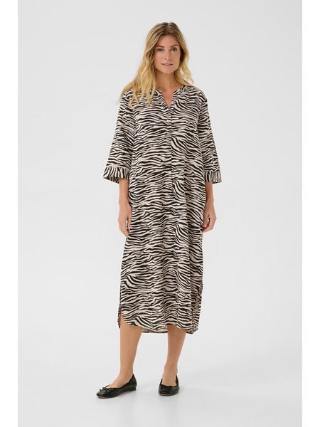 Kaffe Lniana sukienka w kolorze kremowo-czarnym rozmiar: S/M. Brązowe sukienki Kaffe, na co dzień, m, bez wzorów, ze lnu, bez kołnierzyka, bez ramiączek, maxi, proste. Za 157.73 zł.