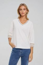 Bawełniana bluza z dekoltem w serek biała. Białe bluzy bez kaptura MOODO, l, bez wzorów, z bawełny, bez kaptura. Za 79.99 zł.