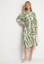 Zielona Sukienka Koszulowa z Wiskozą w Geometryczny Wzór Wiązana w Talii Ninalora. Zielone sukienki Born2be, na co dzień, l, bez wzorów, z wiskozy, eleganckie, bez kołnierzyka, bez ramiączek, midi, koszulowe. W wyprzedaży za 118.99 zł.