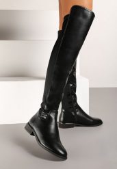 Czarne Płaskie Kozaki w Stylu Muszkieterek z Ociepleniem Temitlin. Czarne kozaki Renee, na zimę, bez wzorów, z jeansu, eleganckie, bez obcasa, na obcasie, bez zapięcia. Za 129.99 zł.