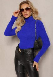 Granatowy Golf z Dzianiny z Długim Włosem i Dodatkiem Wełny Gerdonna. Niebieskie swetry Renee, na jesień, bez wzorów, z dzianiny, bez ramiączek. Za 59.99 zł.