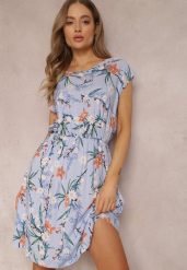 Niebieska Sukienka z Wiskozy Megis. Fioletowe sukienki Renee, l, z aplikacjami, z jeansu, klasyczne, bez kołnierzyka, bez ramiączek, mini, rozkloszowane. W wyprzedaży za 31.49 zł.