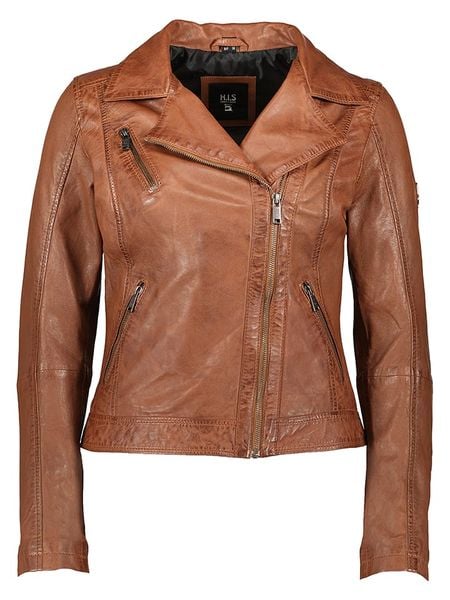 HIS Skórzana kurtka w kolorze janobrązowym rozmiar: 42. Brązowe kurtki HIS, bez wzorów, ze skóry, bez kaptura. Za 422.66 zł.