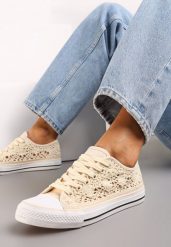 Beżowe Trampki z Krótką Ażurową Cholewką Paerina. Brązowe trampki Renee, w ażurowe wzory, z jeansu, boho, bez zapięcia. W wyprzedaży za 43.99 zł.