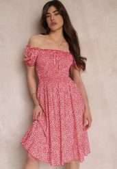 Czerwona Sukienka Midi o Fasonie Bawełnianej Hiszpanki Nairo. Czerwone sukienki Renee, na spotkanie biznesowe, m, bez wzorów, z bawełny, eleganckie, bez kołnierzyka, bez ramiączek, midi. W wyprzedaży za 39.99 zł.
