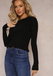 Czarny Sweter Ozdobiony Splotem z Bawełną i Wełną Sellhu. Czarne swetry Renee, m, bez wzorów, z bawełny, casualowe, bez ramiączek. W wyprzedaży za 63.99 zł.