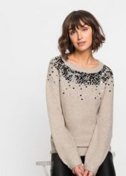 Sweter z kolorowymi cekinami. Brązowe swetry bonprix, bez wzorów, bez ramiączek. Za 149.99 zł.