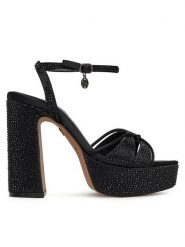 Nine West Sandały S3SH005-01A Czarny. Czarne sandały Nine West, bez wzorów, z materiału, bez obcasa, na słupku, bez zapięcia. Za 207.99 zł.
