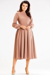 Elegancka Midi Sukienka z Bufiastym Rękawem - Cappuccino. Czarne sukienki Awama, l, bez wzorów, z elastanu, eleganckie, bez kołnierzyka, bez ramiączek, midi. Za 259.90 zł.