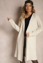 Jasnobeżowy Niezapinany Kardigan z Wiskozą o Długim Kroju z Kapturem Nevaliana. Brązowe swetry Renee, bez wzorów, z jeansu, eleganckie, bez ramiączek. W wyprzedaży za 95.99 zł.