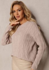 Beżowy Sweter z Okrągłym Dekoltem i Splotem w Warkocze Dawnitta. Brązowe swetry Renee, bez wzorów, z dzianiny, casualowe, bez ramiączek. W wyprzedaży za 71.99 zł.